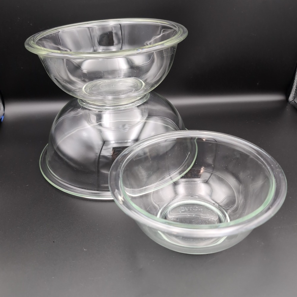 3 Vintage Pyrex Glass Nesting Bowls 322 323 325 Clear Mixing Set USA Baking 70s